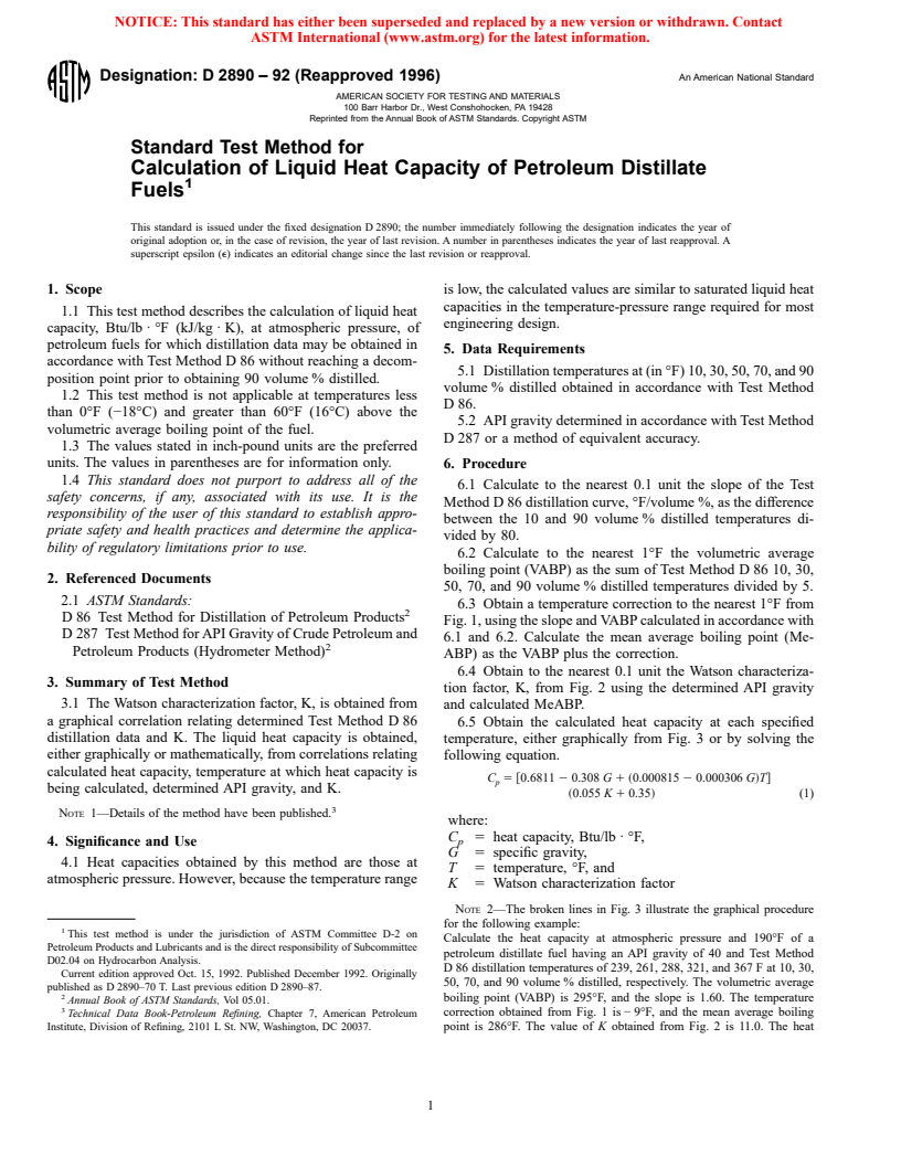 ASTM D2890-92(1996) - Standard Test Method for Calculation of Liquid Heat Capacity of Petroleum Distillate Fuels