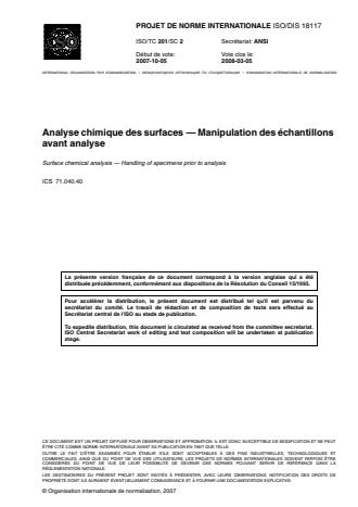 ISO 18117:2009 - Analyse chimique des surfaces -- Manipulation des échantillons avant analyse