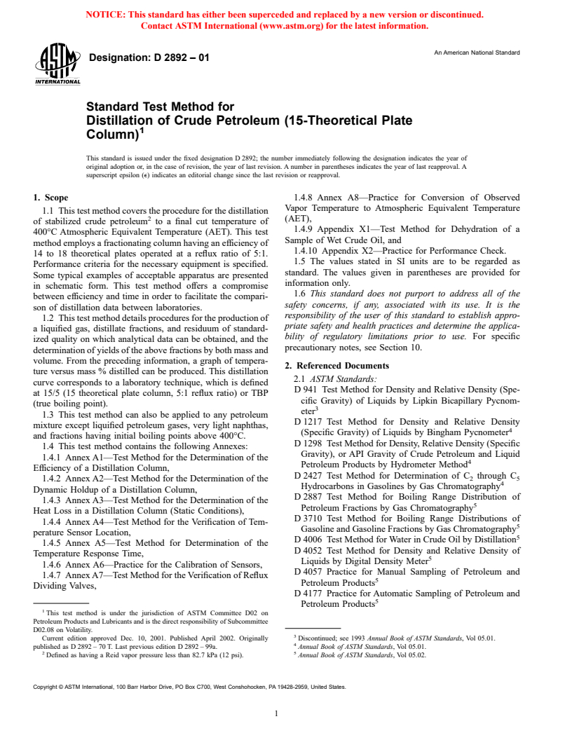 ASTM D2892-01 - Standard Test Method for Distillation of Crude Petroleum (15-Theoretical Plate Column)