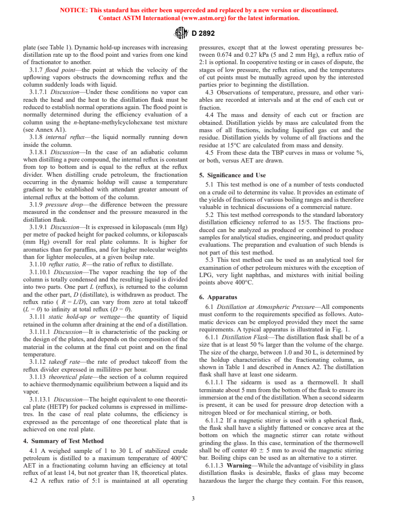 ASTM D2892-01 - Standard Test Method for Distillation of Crude Petroleum (15-Theoretical Plate Column)