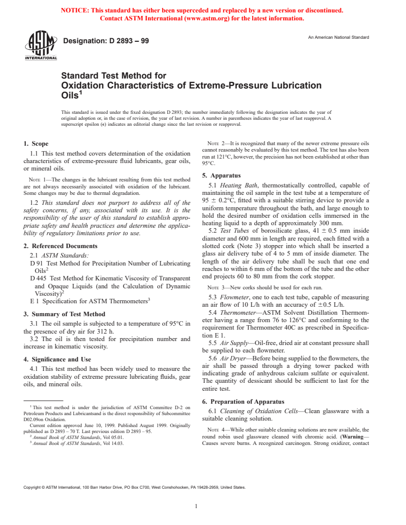 ASTM D2893-99 - Standard Test Method for Oxidation Characteristics of Extreme-Pressure Lubrication Oils