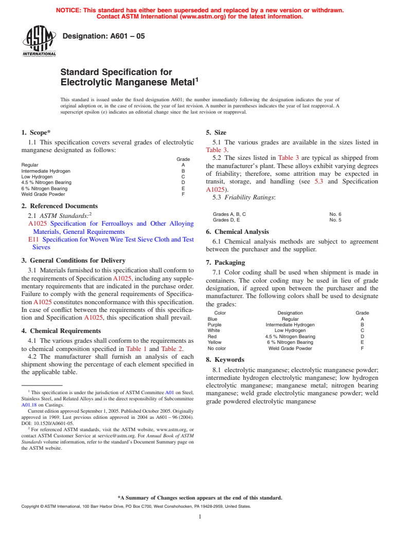 ASTM A601-05 - Standard Specification for Electrolytic Manganese Metal