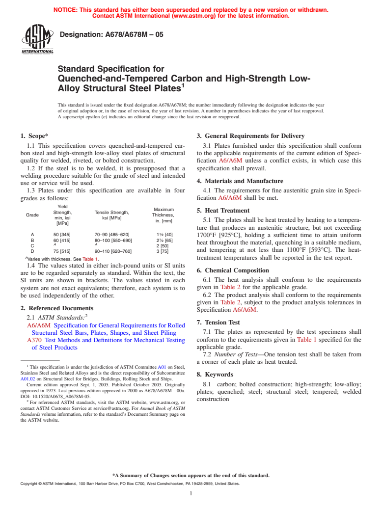 ASTM A678/A678M-05 - Standard Specification for Quenched-and-Tempered Carbon and High-Strength Low-Alloy Structural Steel Plates