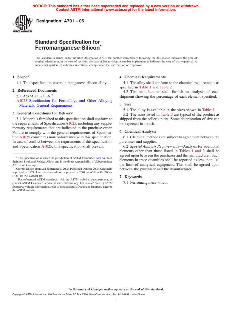 ASTM A701-05 - Standard Specification for Ferromanganese-Silicon