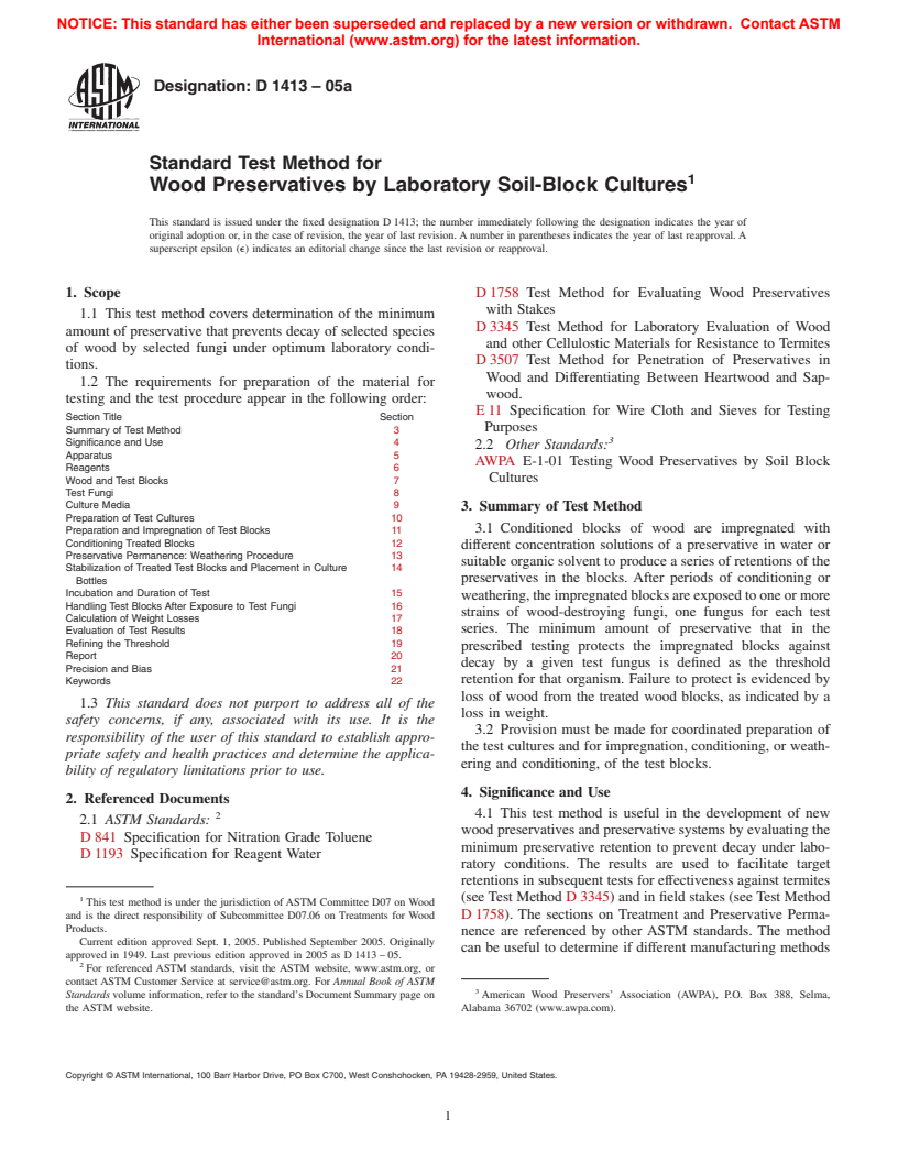 ASTM D1413-05a - Standard Test Method for Wood Preservatives by Laboratory Soil-Block Cultures