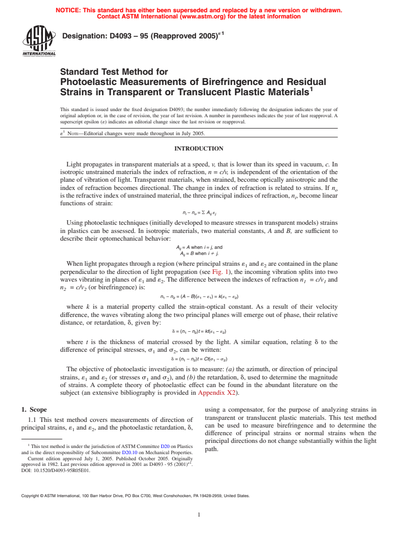 ASTM D4093-95(2005)e1 - Standard Test Method for Photoelastic Measurements of Birefringence and Residual Strains in Transparent or Translucent Plastic Materials