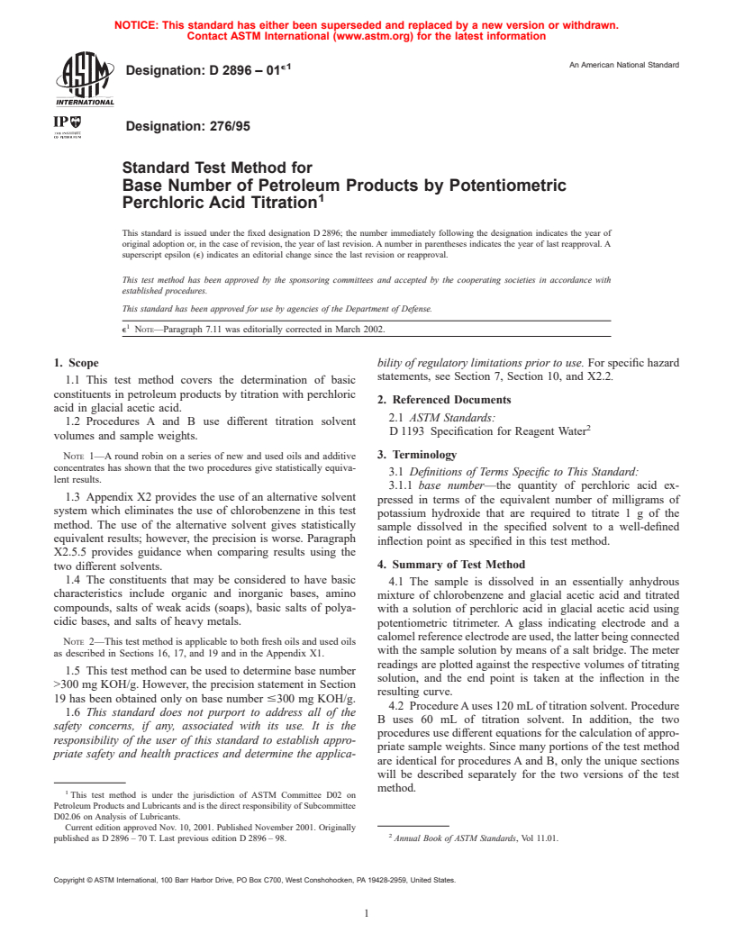 ASTM D2896-01e1 - Standard Test Method for Base Number of Petroleum Products by Potentiometric Perchloric Acid Titration
