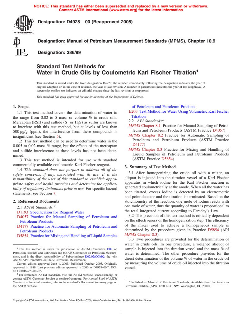 ASTM D4928-00(2005) - Standard Test Methods for Water in Crude Oils by Coulometric Karl Fischer Titration