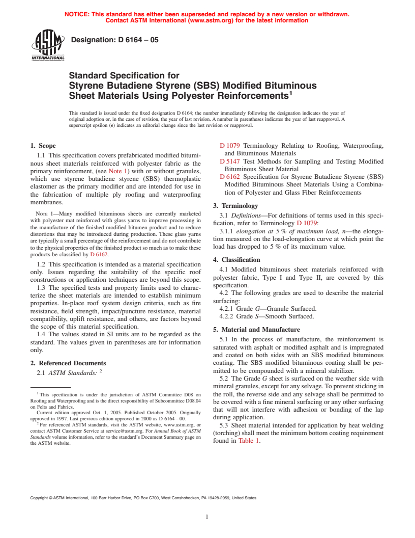 ASTM D6164-05 - Standard Specification for Styrene Butadiene Styrene (SBS) Modified Bituminous Sheet Materials Using Polyester Reinforcements