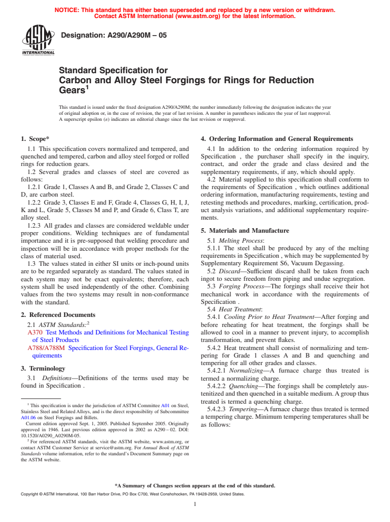 ASTM A290/A290M-05 - Standard Specification for Carbon and Alloy Steel Forgings for Rings for Reduction Gears