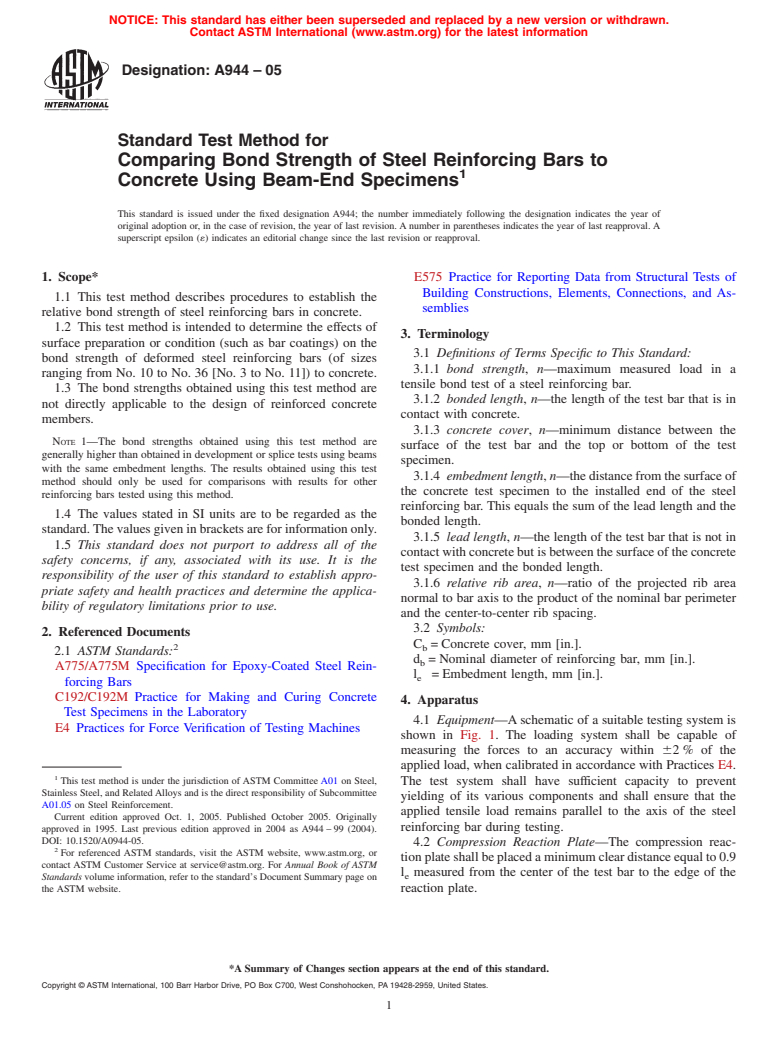 ASTM A944-05 - Standard Test Method for Comparing Bond Strength of Steel Reinforcing Bars to Concrete Using Beam-End Specimens