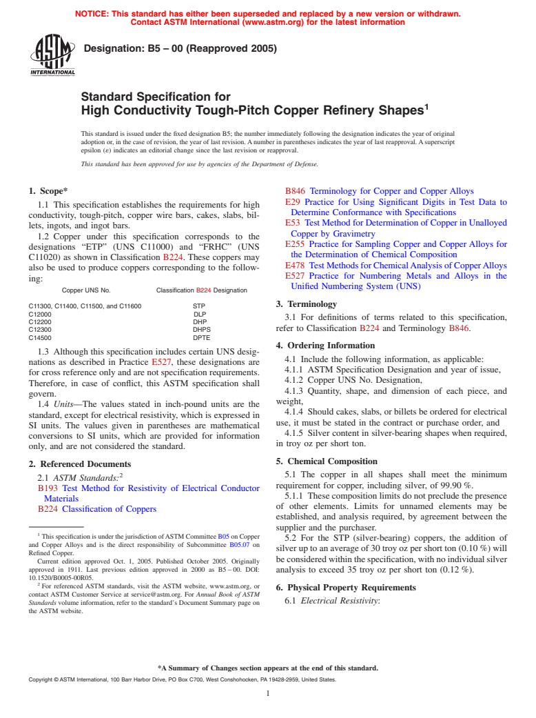 ASTM B5-00(2005) - Standard Specification for High Conductivity Tough-Pitch Copper Refinery Shapes