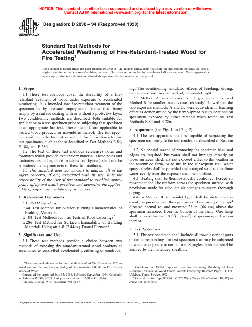 ASTM D2898-94(1999) - Standard Test Methods for Accelerated Weathering of Fire-Retardant-Treated Wood for Fire Testing