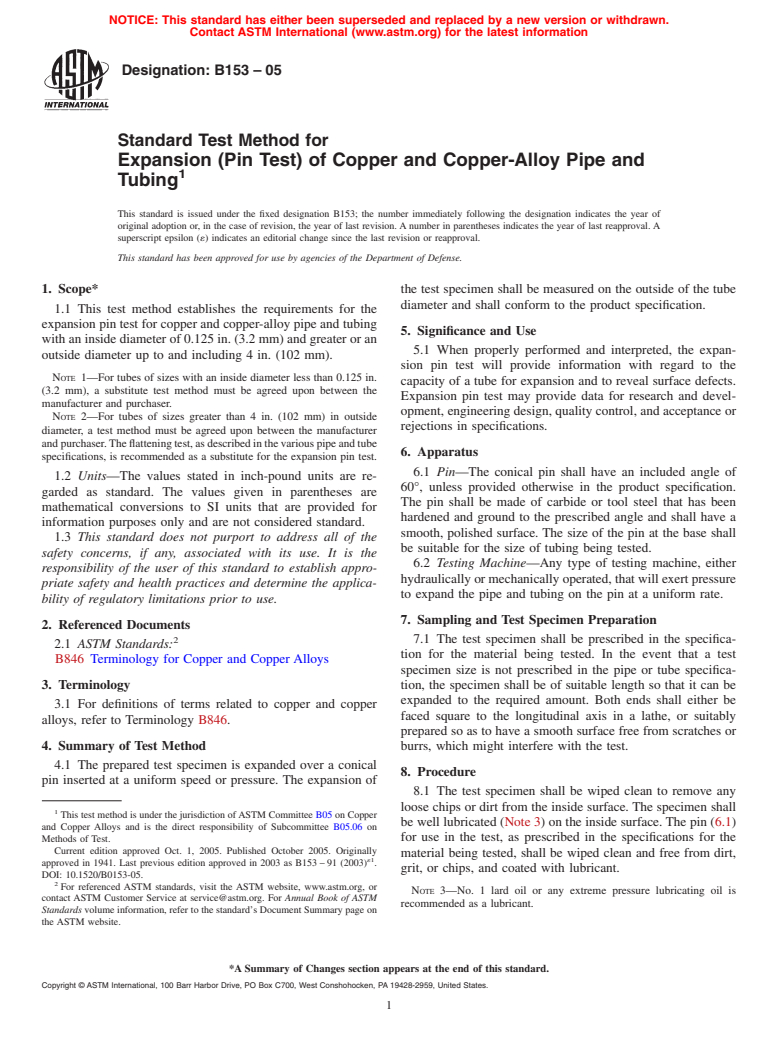 ASTM B153-05 - Standard Test Method for Expansion (Pin Test) of Copper and Copper-Alloy Pipe and Tubing