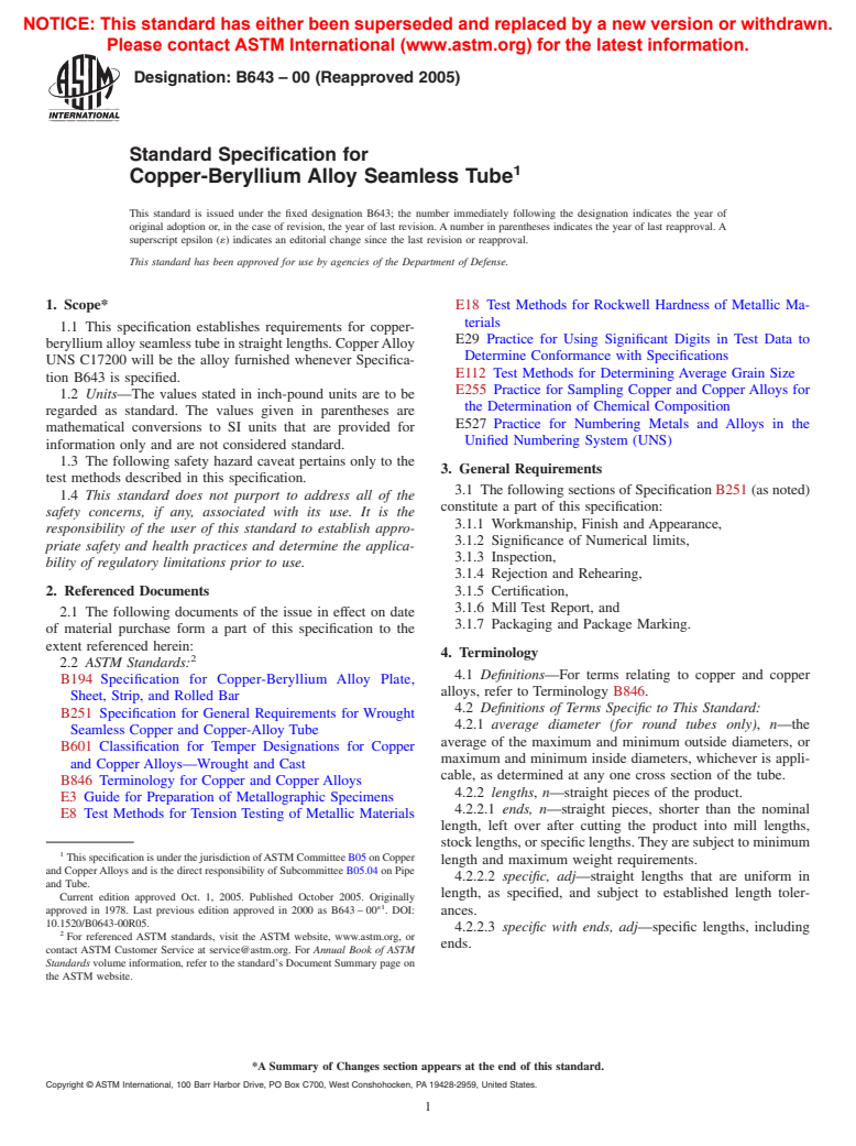 ASTM B643-00(2005) - Standard Specification for Copper-Beryllium Alloy Seamless Tube