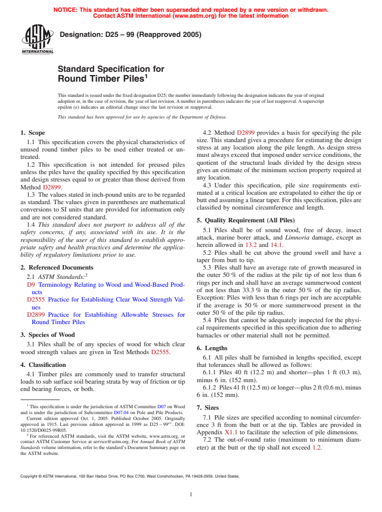 ASTM D25-99(2005) - Standard Specification for Round Timber Piles