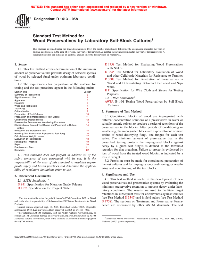 ASTM D1413-05b - Standard Test Method for Wood Preservatives by Laboratory Soil-Block Cultures