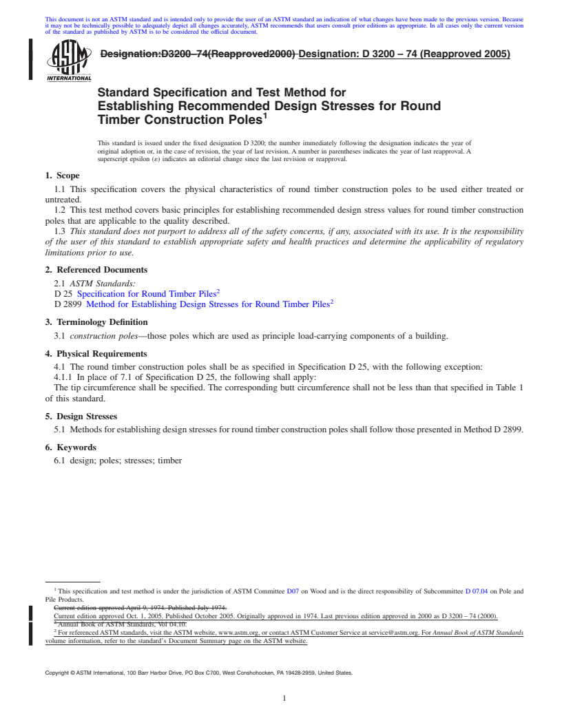 REDLINE ASTM D3200-74(2005) - Standard Specification and Test Method for Establishing Recommended Design Stresses for Round Timber Construction Poles