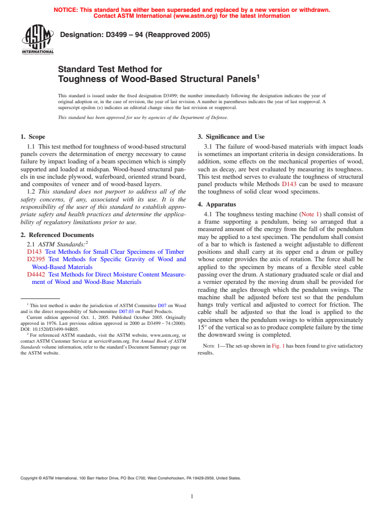 ASTM D3499-94(2005) - Standard Test Method for Toughness of Wood-Based Structural Panels