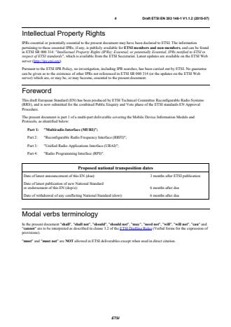 SIST EN 303 146-1 V1.2.1:2016 ETSI EN 303 146-1 V1.1.2 (2015-07) - Reconfigurable Radio Systems (RRS); Mobile Device Information Models and Protocols; Part 1: Multiradio Interface (MURI) - Page 4 preview