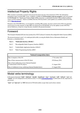 SIST EN 303 146-1 V1.2.1:2016 Reconfigurable Radio Systems (RRS); Mobile Device Information Models and Protocols; Part 1: Multiradio Interface (MURI) - RRS 2 - Page 4 preview