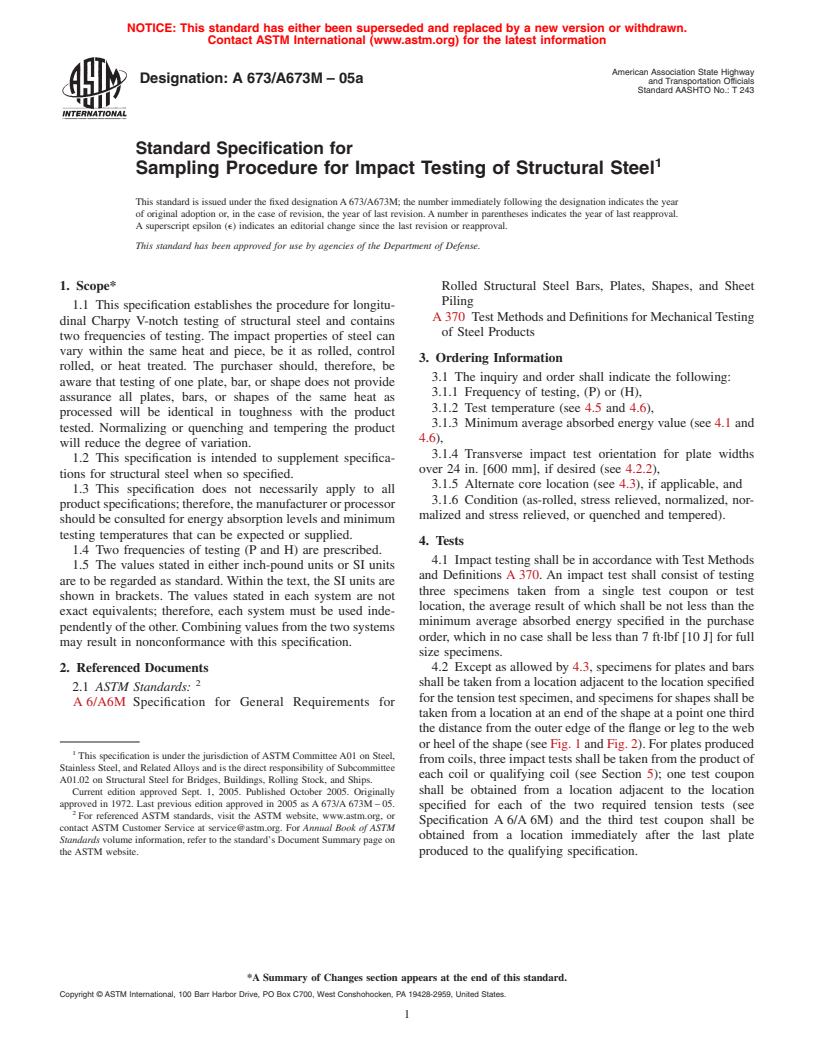 ASTM A673/A673M-05a - Standard Specification for Sampling Procedure for Impact Testing of Structural Steel