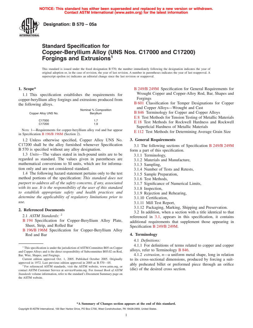 ASTM B570-05a - Standard Specification for Copper-Beryllium Alloy (UNS No. C17000 and C17200) Forgings and Extrusions