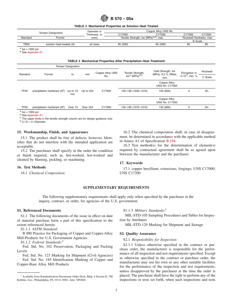 ASTM B570-05a - Standard Specification for Copper-Beryllium Alloy (UNS No. C17000 and C17200) Forgings and Extrusions