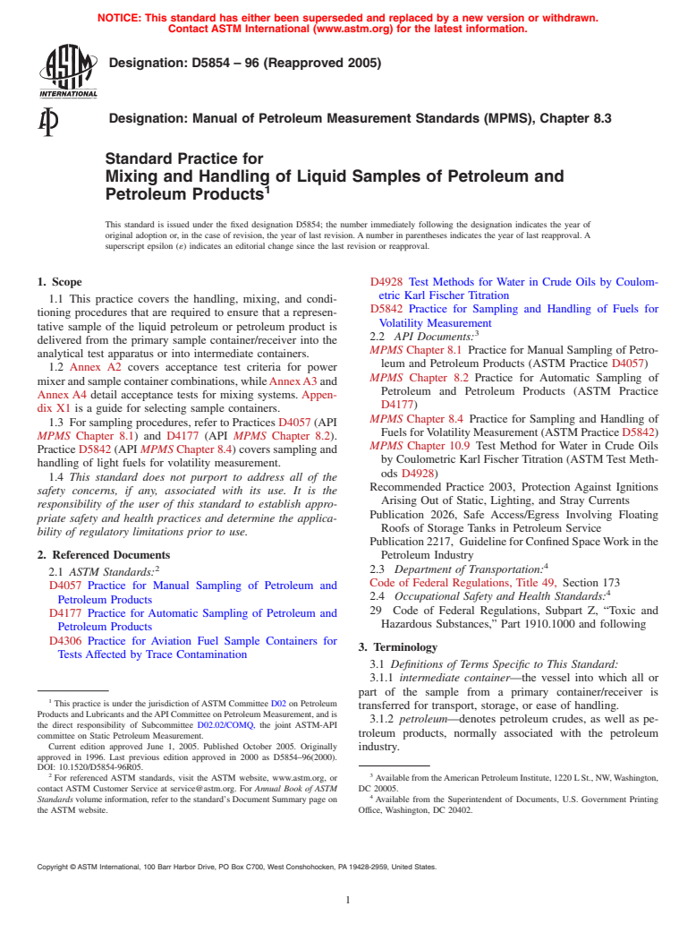 ASTM D5854-96(2005) - Standard Practice for Mixing and Handling of Liquid Samples of Petroleum and Petroleum Products