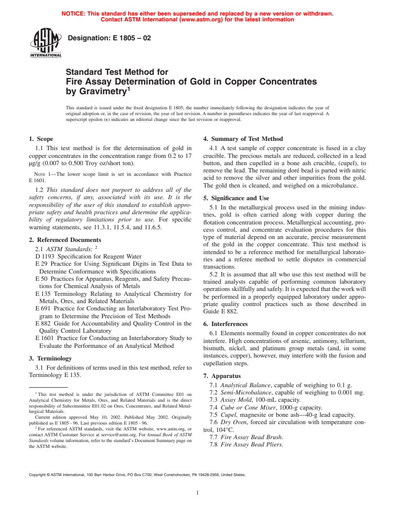 ASTM E1805-02 - Standard Test Method for Fire Assay Determination of Gold in Copper Concentrates by Gravimetry