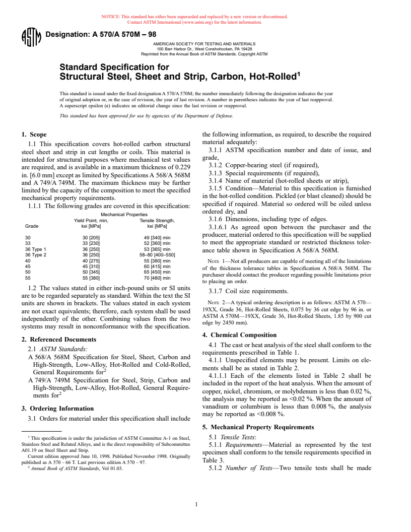 ASTM A570/A570M-98 - Standard Specification for Steel, Sheet and Strip, Carbon, Hot-Rolled (Withdrawn 2000)