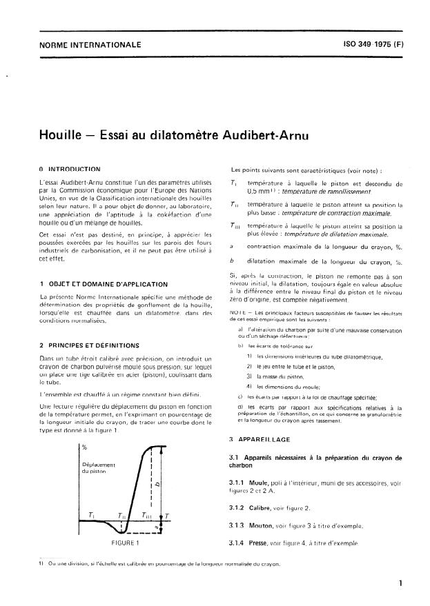 ISO 349:1975 - Houille -- Essai au dilatometre Audibert-Arnu