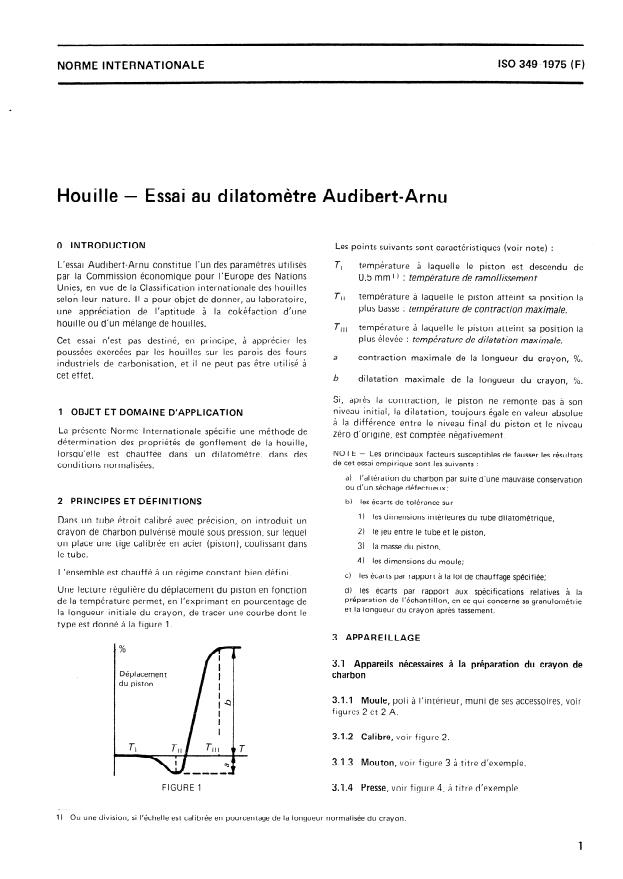 ISO 349:1975 - Houille -- Essai au dilatometre Audibert-Arnu