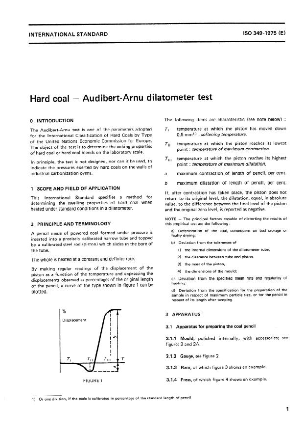 ISO 349:1975 - Hard coal -- Audibert-Arnu dilatometer test