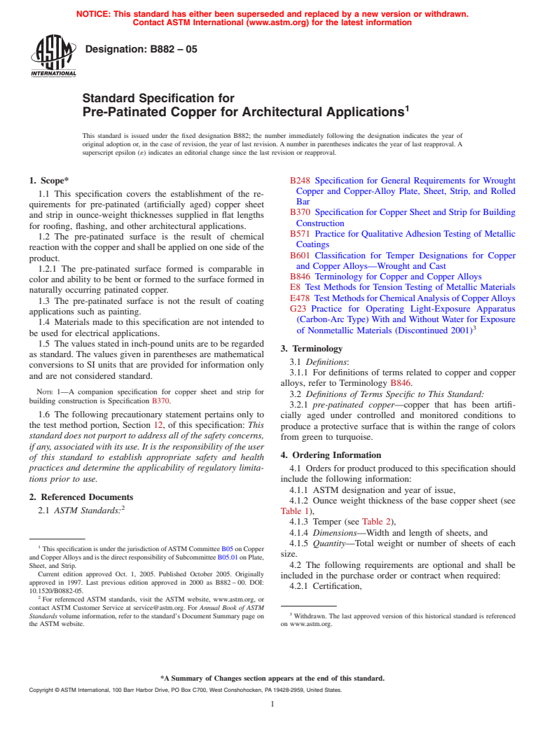 ASTM B882-05 - Specification for Pre-Patinated Copper for Architectural Applications