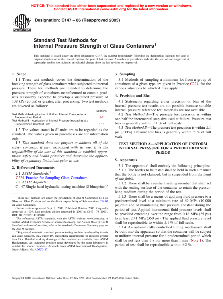 ASTM C147-86(2005) - Standard Test Methods for Internal Pressure Strength of Glass Containers