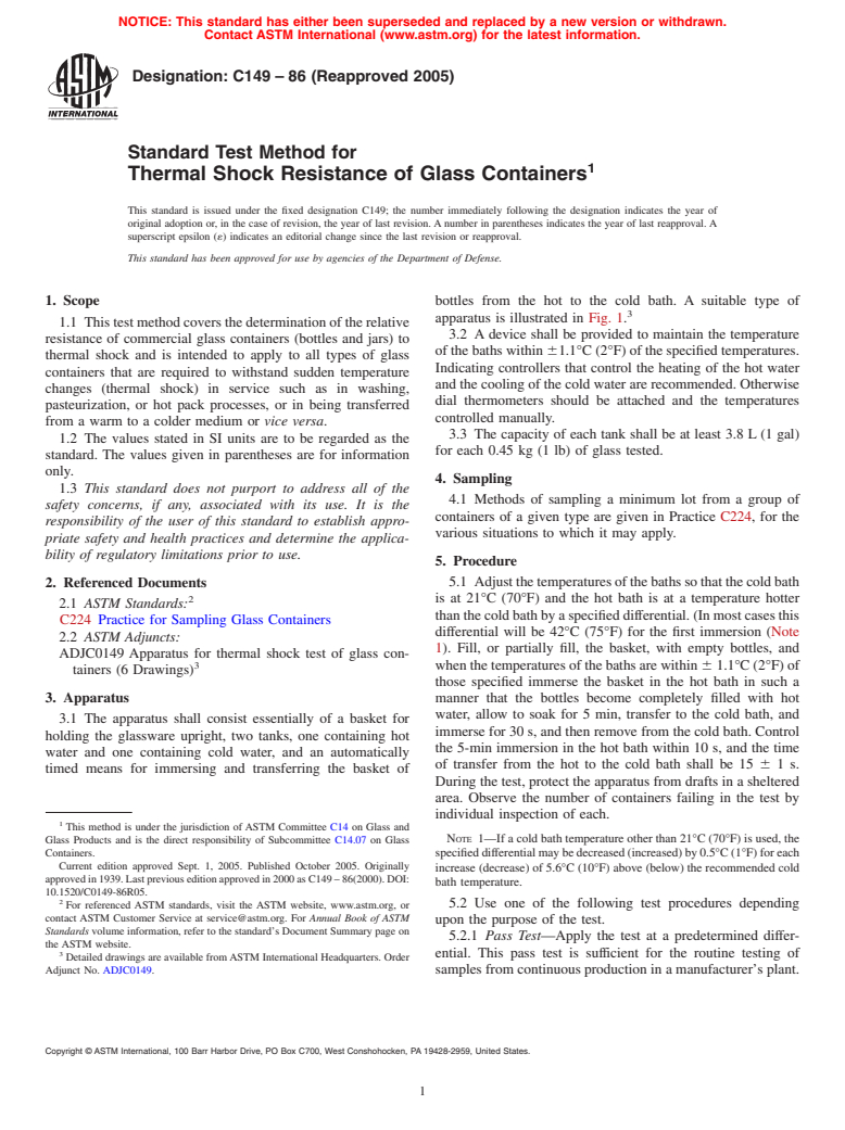 ASTM C149-86(2005) - Standard Test Method for Thermal Shock Resistance of Glass Containers