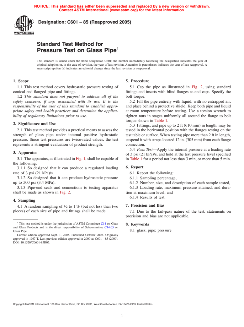 ASTM C601-85(2005) - Standard Test Method for Pressure Test on Glass Pipe