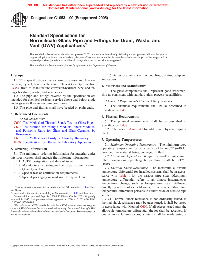 ASTM C1053-00(2005) - Standard Specification for Borosilicate Glass Pipe and Fittings for Drain, Waste, and Vent (DWV) Applications