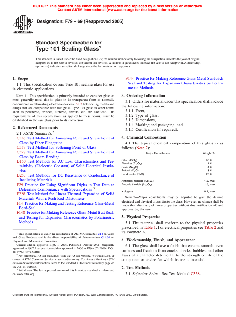 ASTM F79-69(2005) - Standard Specification for Type 101 Sealing Glass