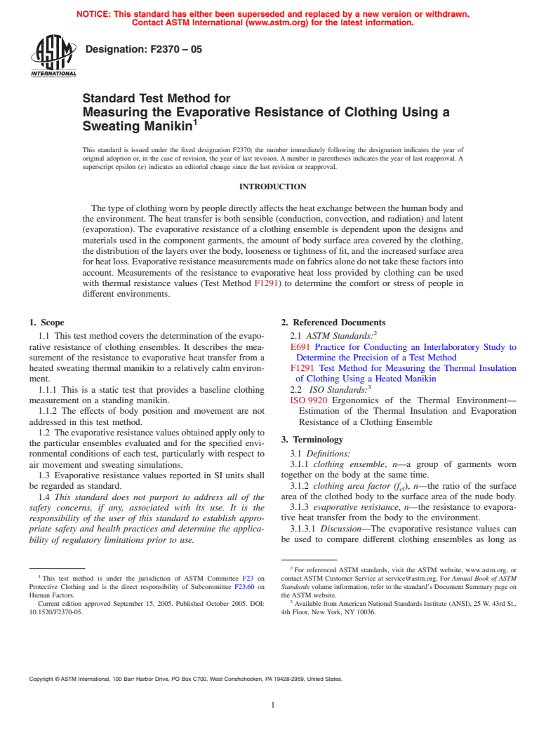 ASTM F2370-05 - Standard Test Method for Measuring the Evaporative Resistance of Clothing Using a Sweating Manikin