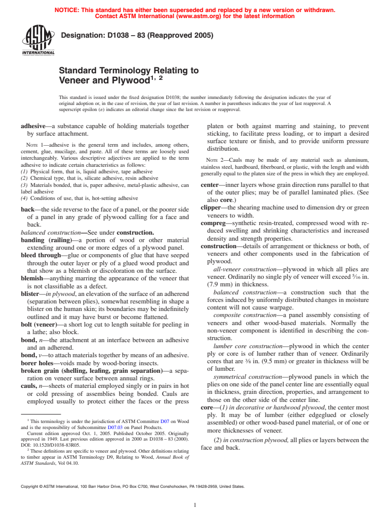 ASTM D1038-83(2005) - Standard Terminology Relating to Veneer and Plywood