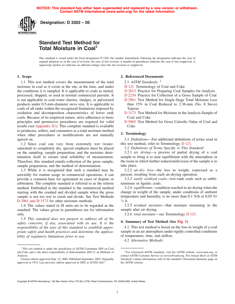 ASTM D3302-05 - Standard Test Method for Total Moisture in Coal