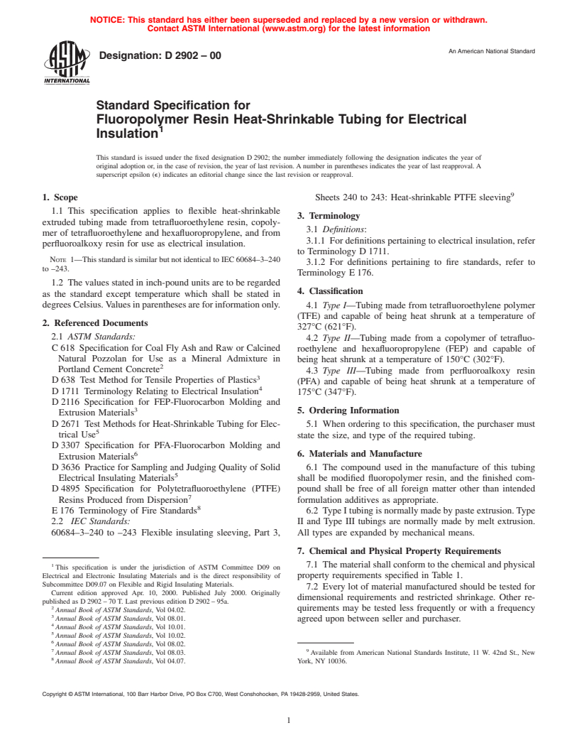 ASTM D2902-00 - Standard Specification for Fluoropolymer Resin Heat-Shrinkable Tubing for Electrical Insulation