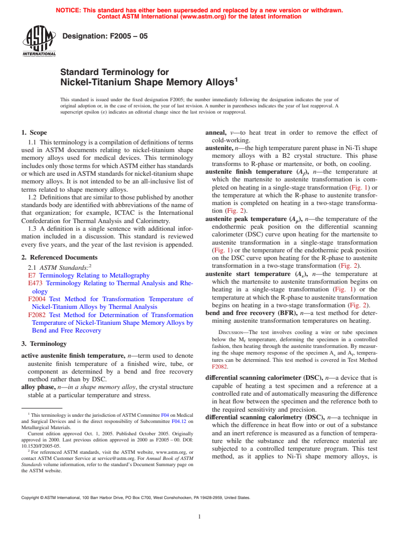 ASTM F2005-05 - Standard Terminology for Nickel-Titanium Shape Memory Alloys