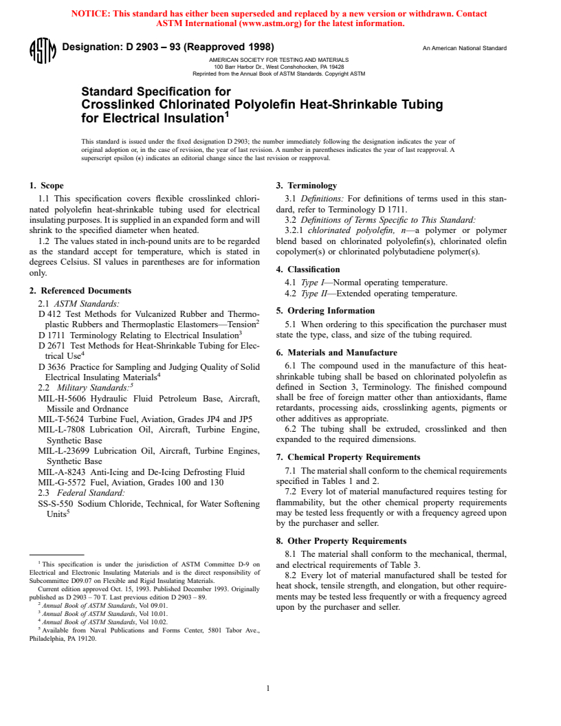 ASTM D2903-93(1998) - Standard Specification for Crosslinked Chlorinated Polyolefin Heat-Shrinkable Tubing for Electrical Insulation