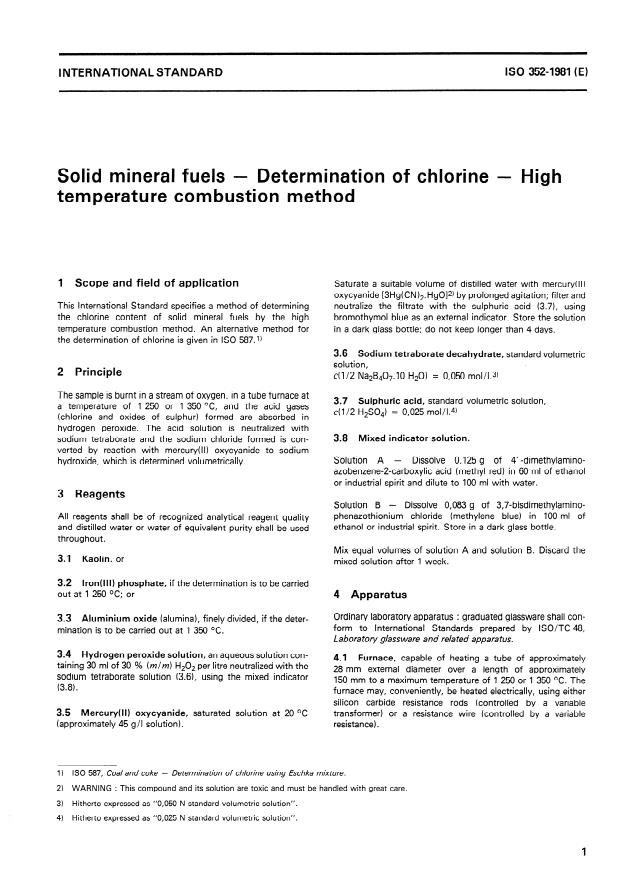ISO 352:1981 - Solid mineral fuels -- Determination of chlorine -- High temperature combustion method