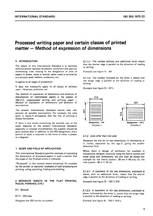 ISO 353:1975 - Processed writing paper and certain classes of printed matter -- Method of expression of dimensions