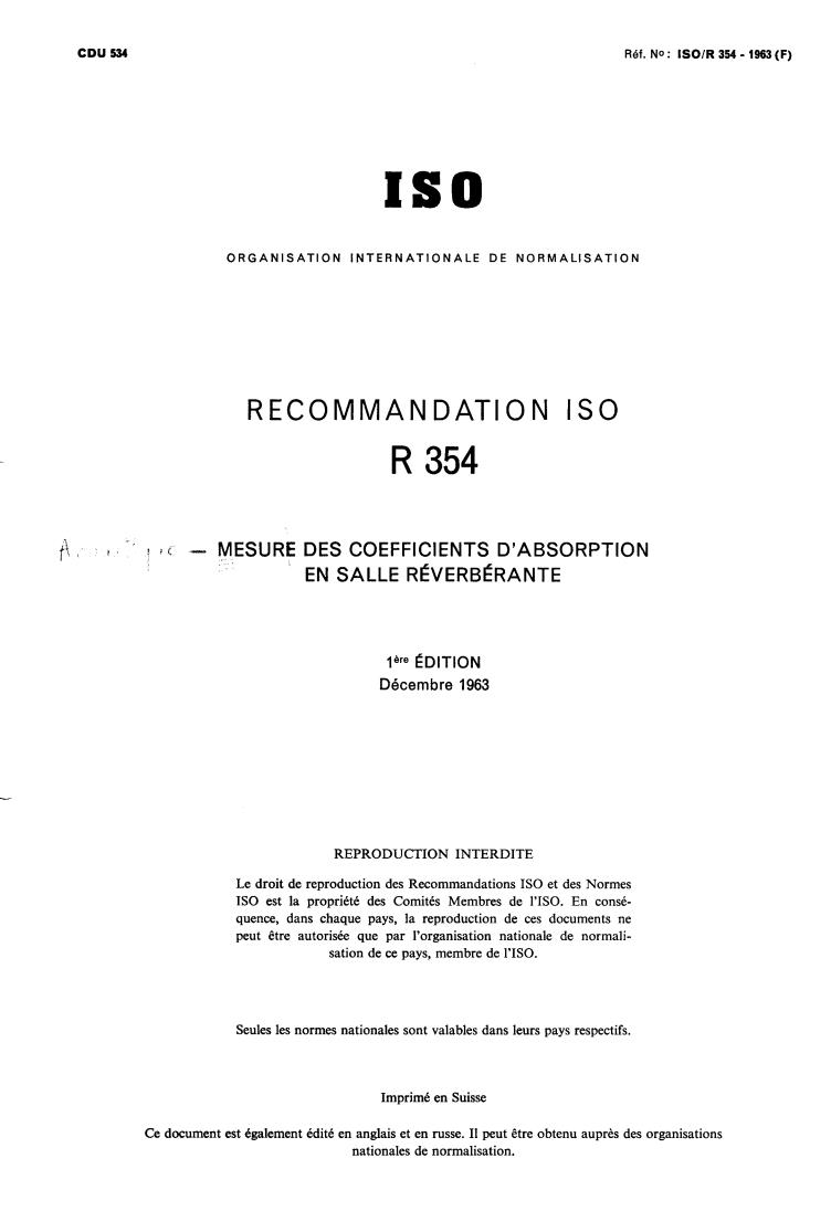 ISO/R 354:1963 - Measurement of absorption coefficients in a reverberation room
Released:12/1/1963