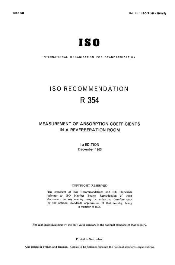 ISO/R 354:1963 - Measurement of absorption coefficients in a reverberation room